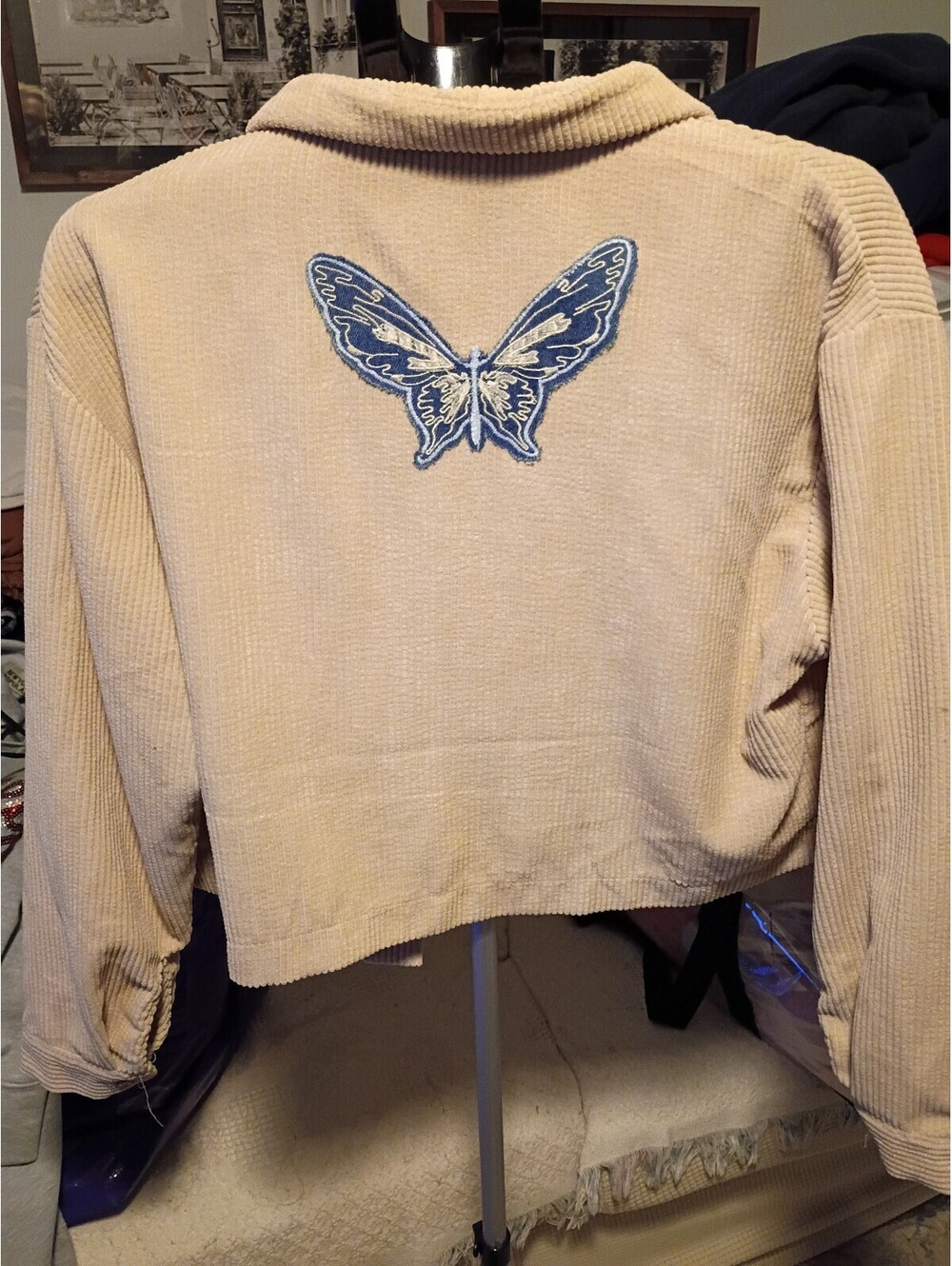 SHEIN Beige Corduroy Cropped Jacket with Blue Butterfly Patches Size M